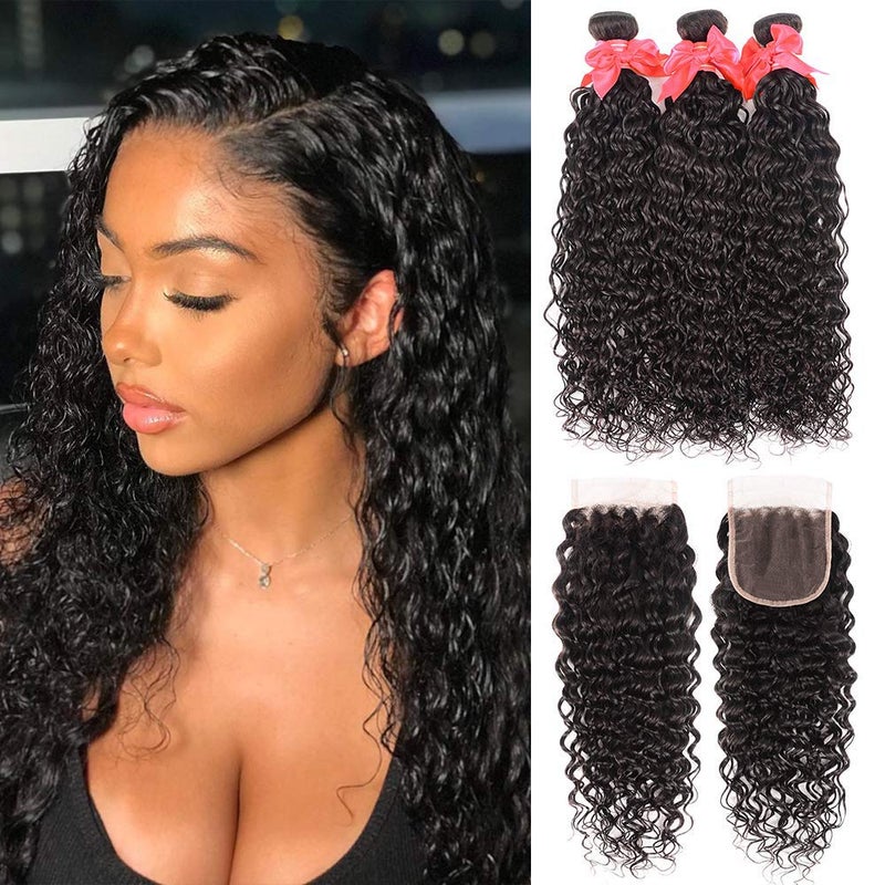 Miss GAGA Wet and Wavy Bundles with Closure (10 12 14+10) 8A Unprocessed Water Wave Hair 3 Bundles 100% Virgin Brazilian Human Hair Bundles with Closure Can Be Dyed - Image 1